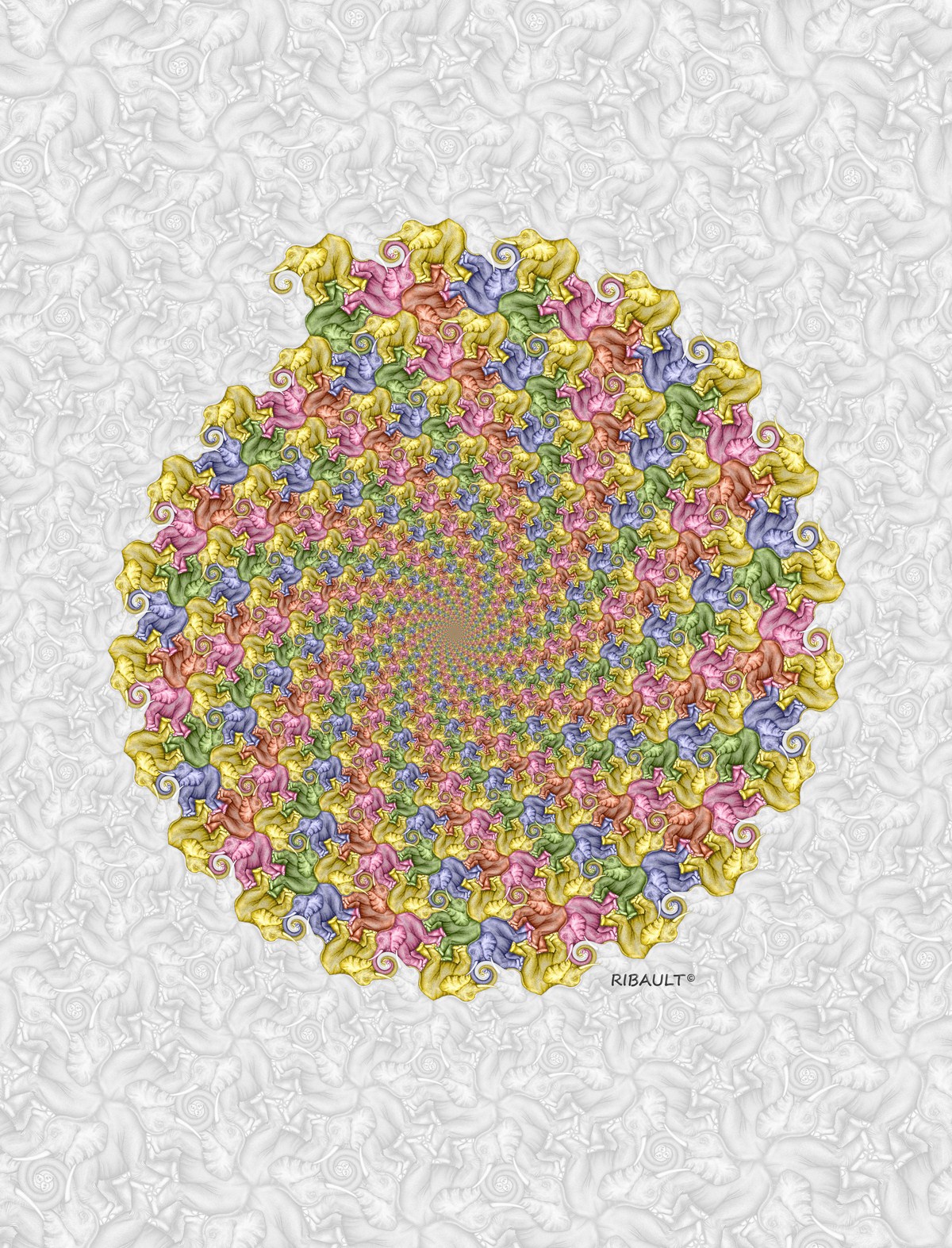 Spirale « Pavage en réseau de spirales logarithmiques », par Dominique Ribault.