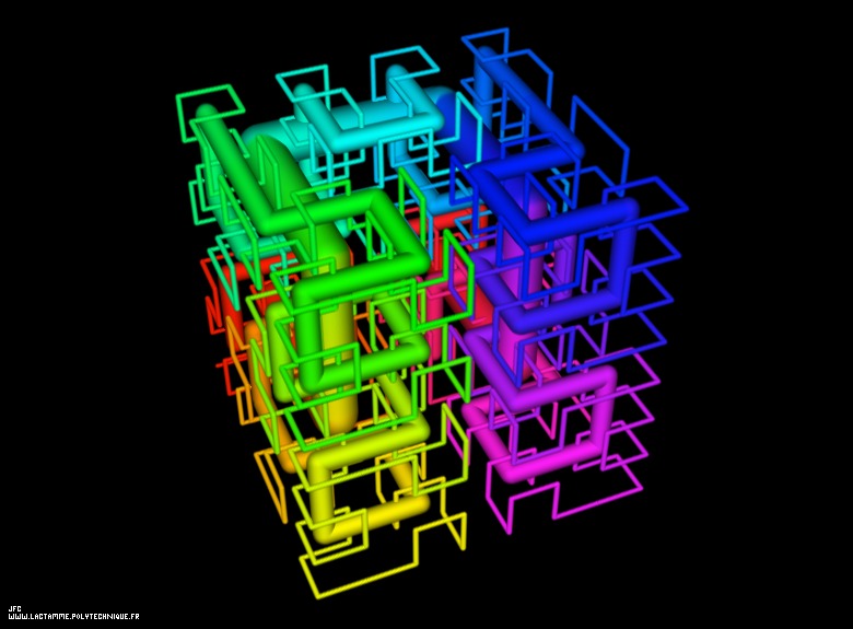 Courbe de Hilbert tridimensionnelle -itérations 1 à 3, par Jean-François Colonna