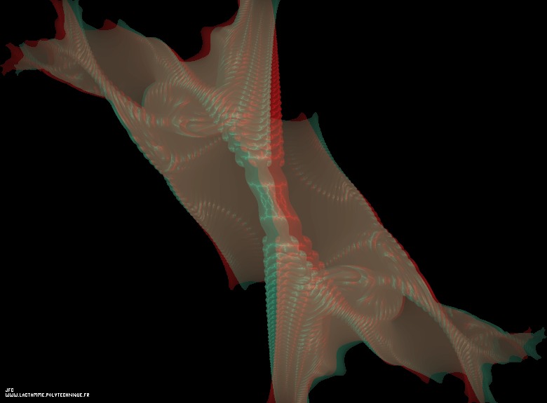 Anaglyphe de l’ensemble de Julia dans le corps des quaternions calculé pour A=(0,1,0,0) -ou ’la danseuse d’Yr’- -section tridimensionnelle-