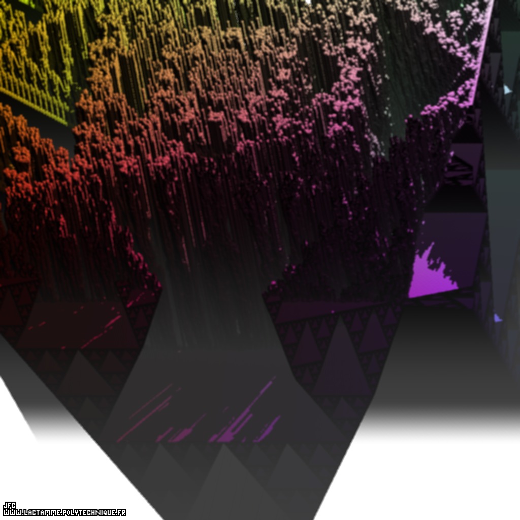 Visualisation tridimensionnelle du jeu de la vie de Conway, la troisième dimension (verticale) étant le temps, Jean-François Colonna.