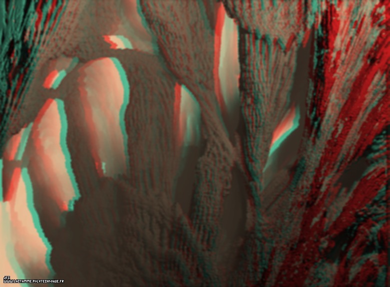 Anaglyphe d’un agrandissement d’un ensemble de Mandelbrot dans l’ensemble des pseudo-octonions (un ’Mandelbulb’) -section tridimensionnelle-, par Jean-François Colonna.