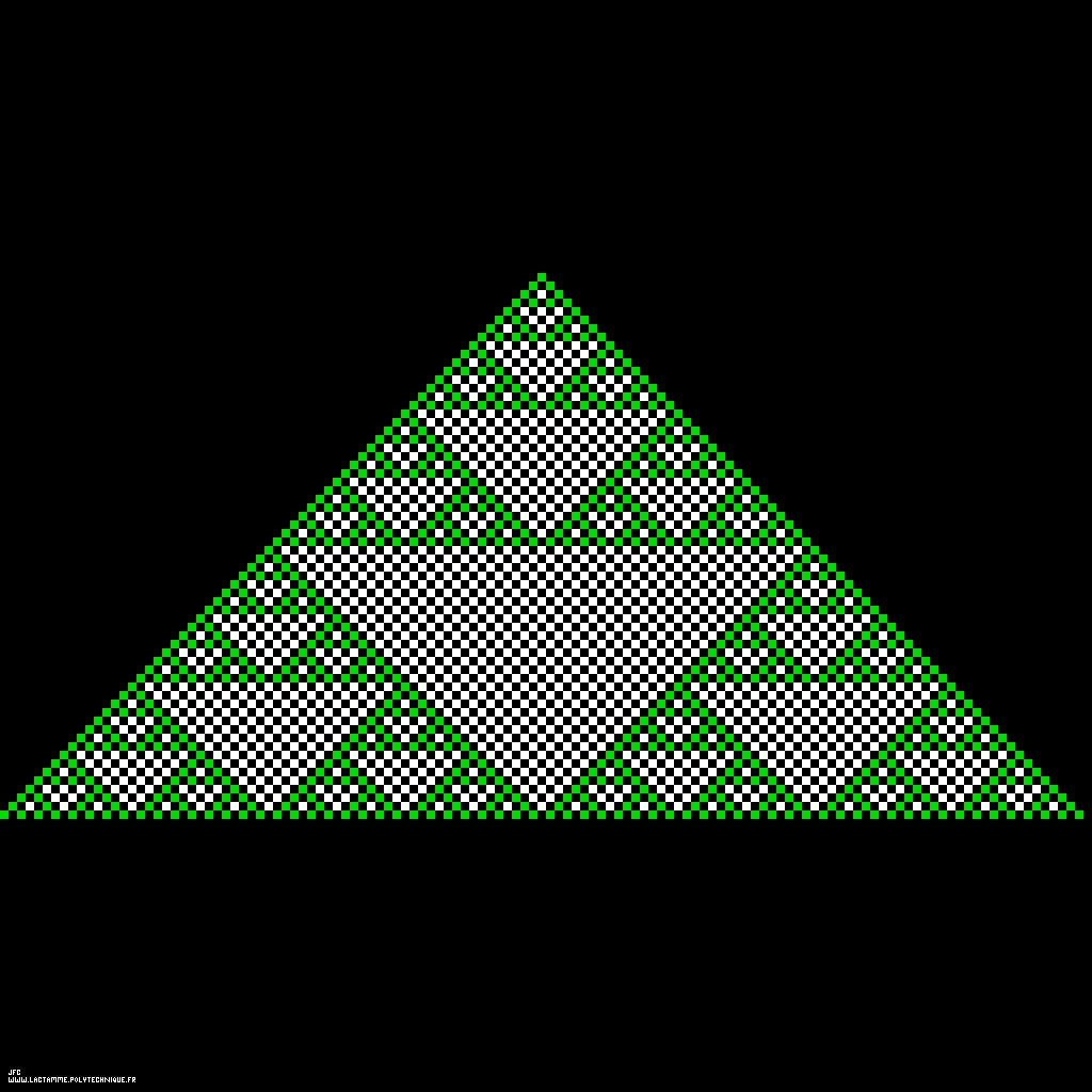 64 premières lignes du triangle de Pascal, par J.-F. Colonna